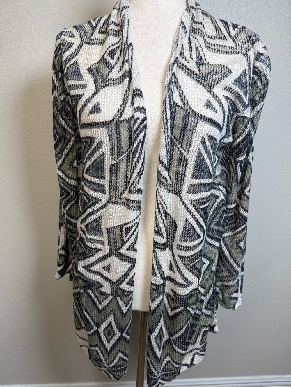 Nic+Zoe‎ Open Front Linen Blend Open  Knit Mesh Cardigan Duster Roll Tab Sm